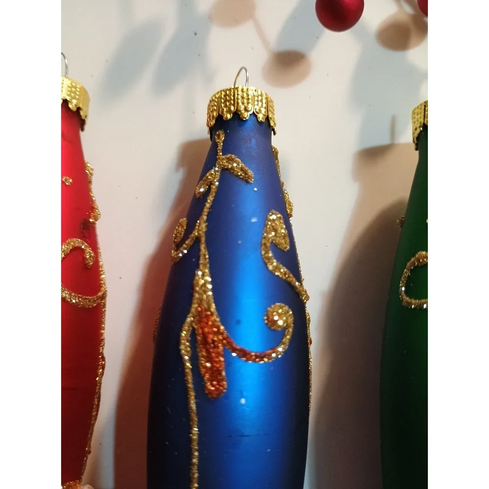 Vintage Christmas 4 Oblong Ornaments In Jewel Tones Glittered‎ Pearls